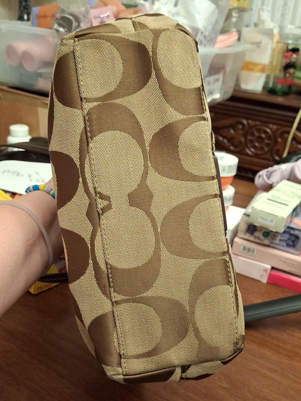 2013 Jan Coach signature-pattern canvas tote dark brown Accents Prelove Like New - Picture 6 of 16